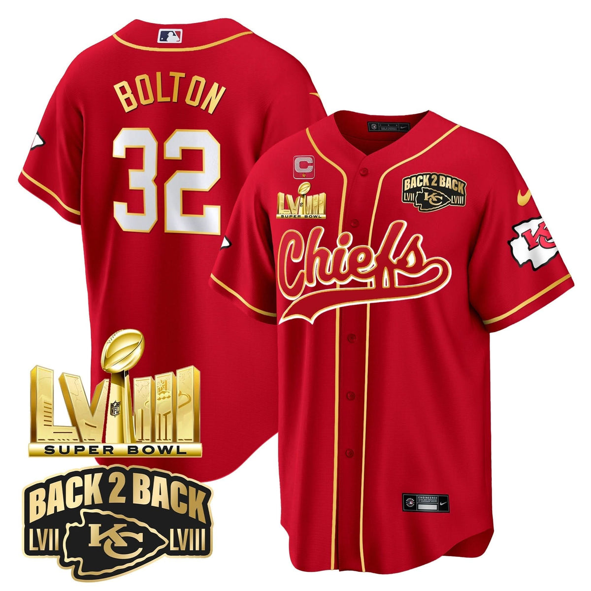 KC Super Bowl LVIII & Back 2 Back Gold Patch Baseball Jersey - All Stitched