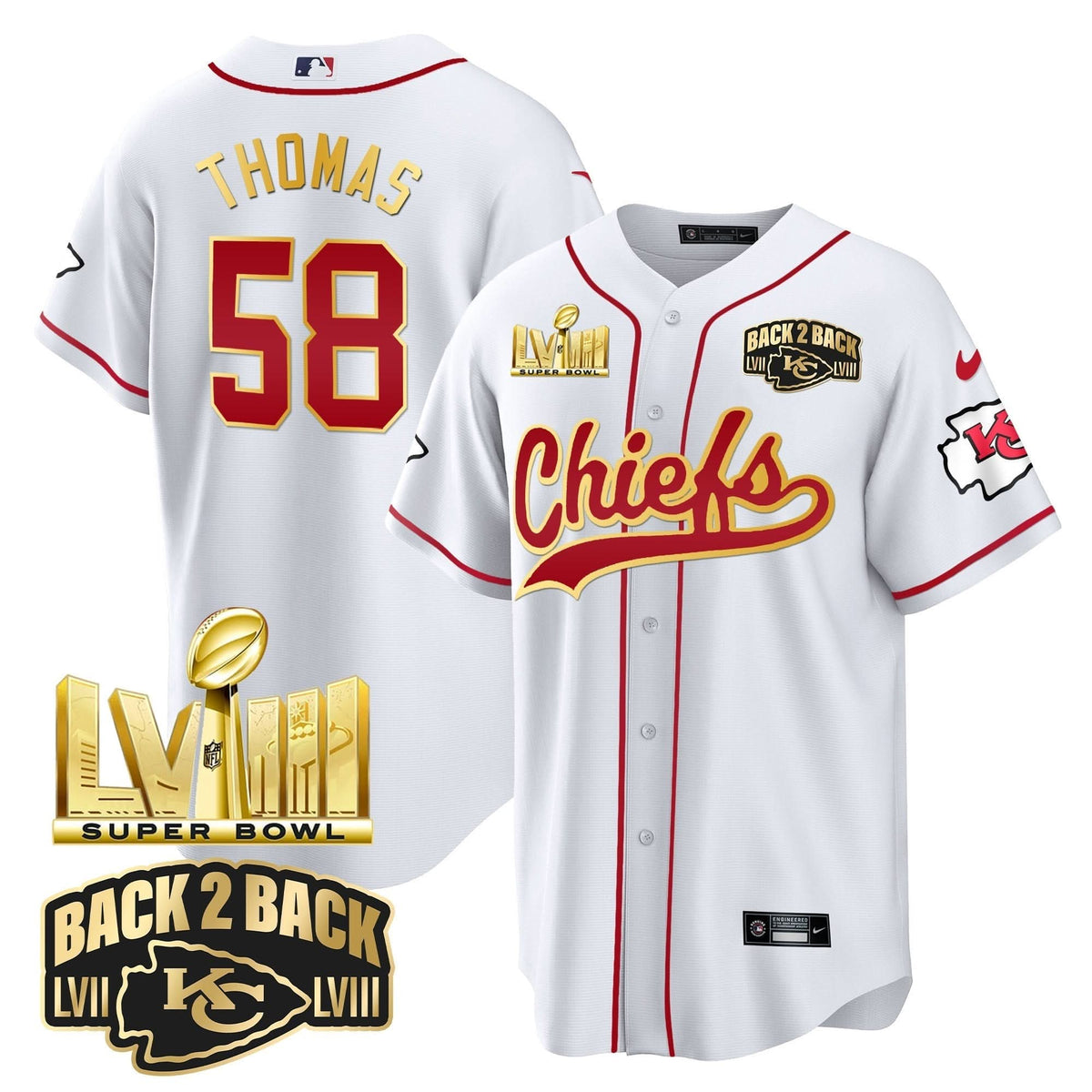 KC Super Bowl LVIII & Back 2 Back Gold Patch Baseball Jersey - All Stitched