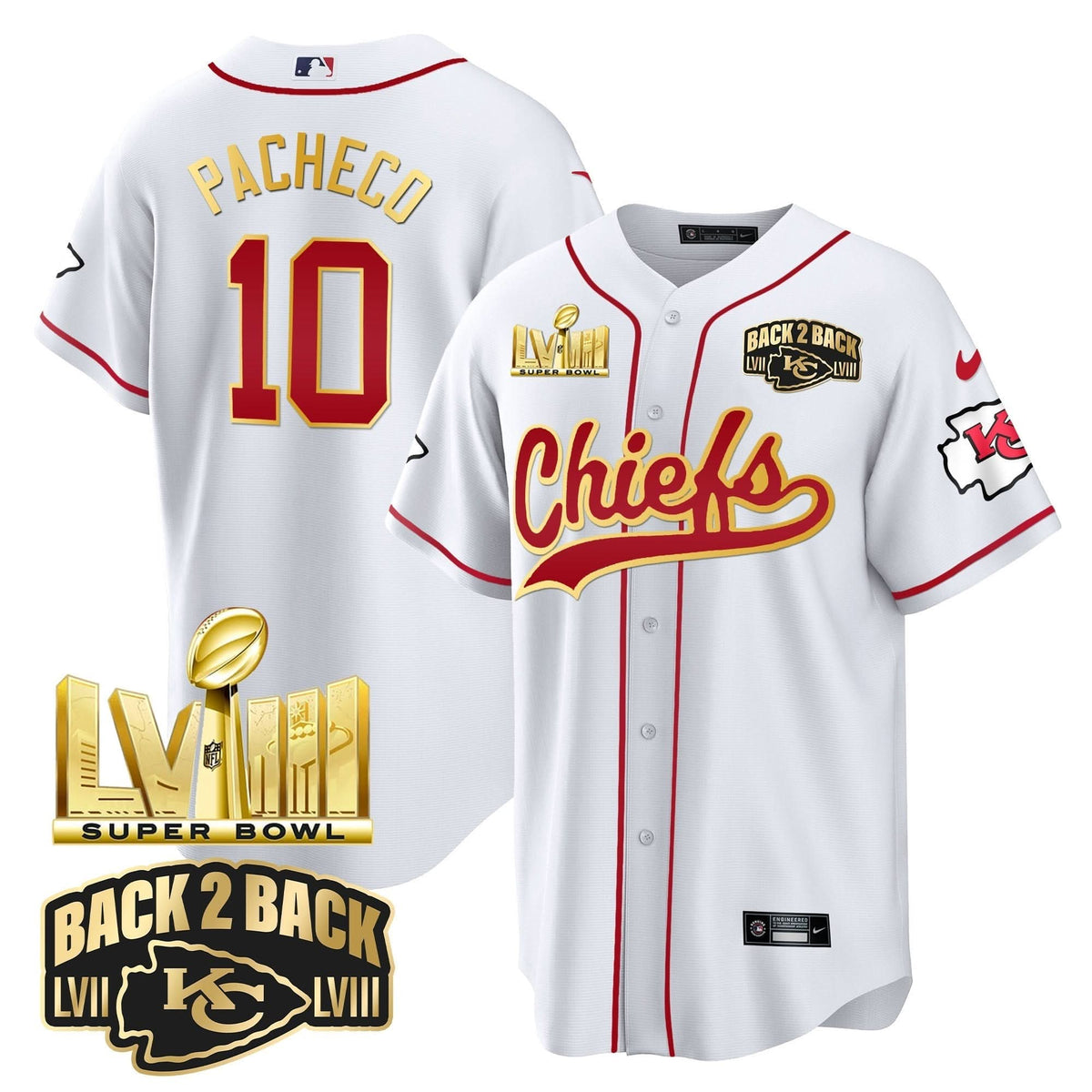 KC Super Bowl LVIII & Back 2 Back Gold Patch Baseball Jersey - All Stitched
