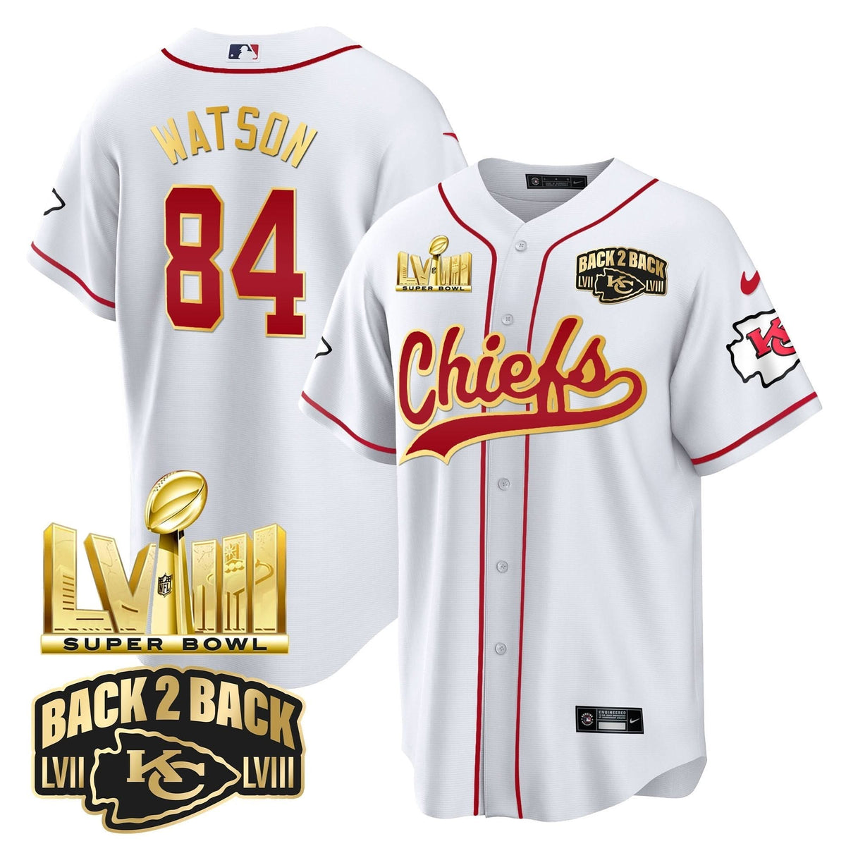 KC Super Bowl LVIII & Back 2 Back Gold Patch Baseball Jersey - All Stitched