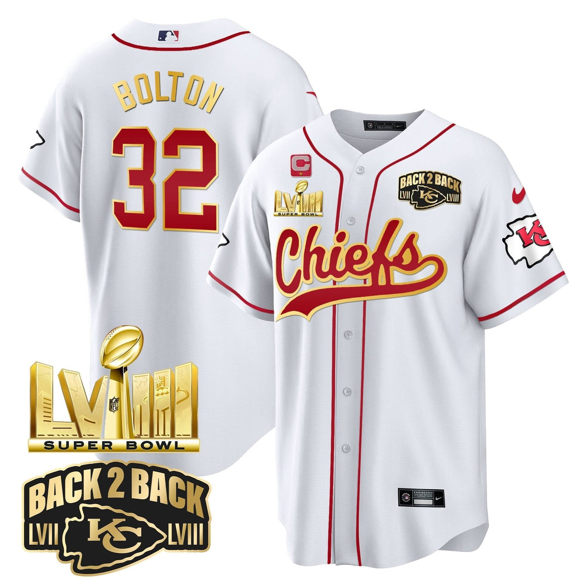 KC Super Bowl LVIII & Back 2 Back Gold Patch Baseball Jersey - All Stitched