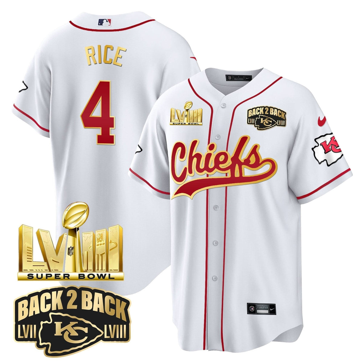 KC Super Bowl LVIII & Back 2 Back Gold Patch Baseball Jersey - All Stitched