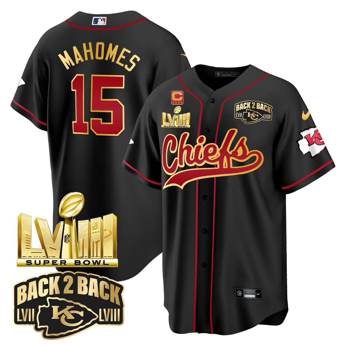 KC Super Bowl LVIII & Back 2 Back Gold Patch Baseball Jersey - All Stitched