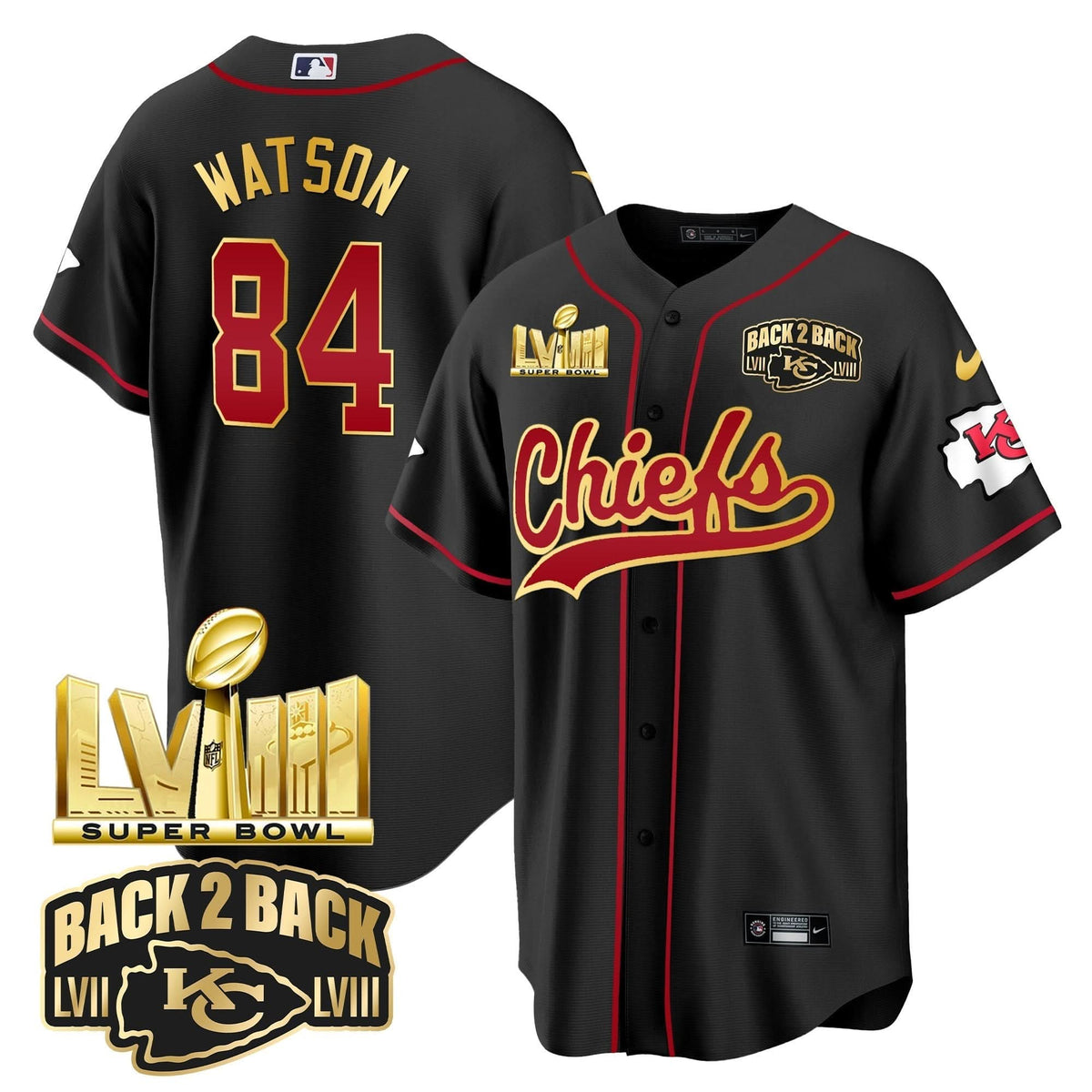 KC Super Bowl LVIII & Back 2 Back Gold Patch Baseball Jersey - All Stitched