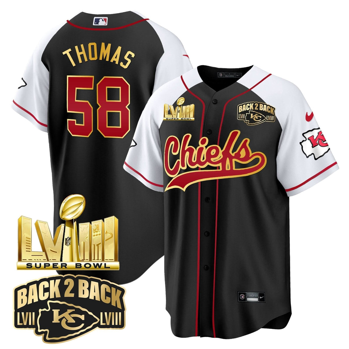 KC Super Bowl LVIII & Back 2 Back Gold Patch Baseball Jersey - All Stitched