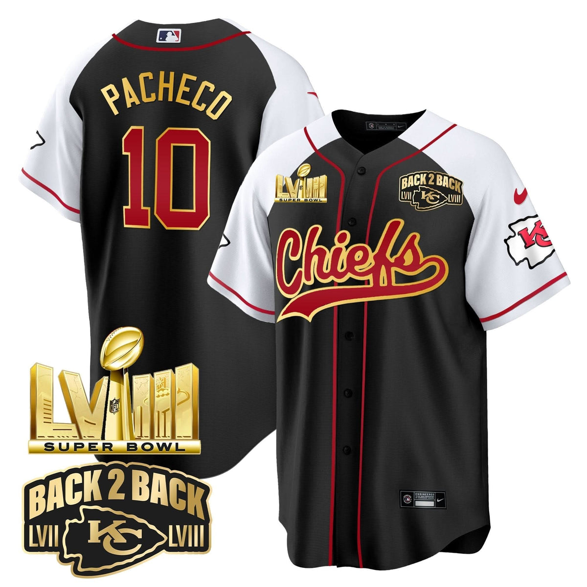 KC Super Bowl LVIII & Back 2 Back Gold Patch Baseball Jersey - All Stitched