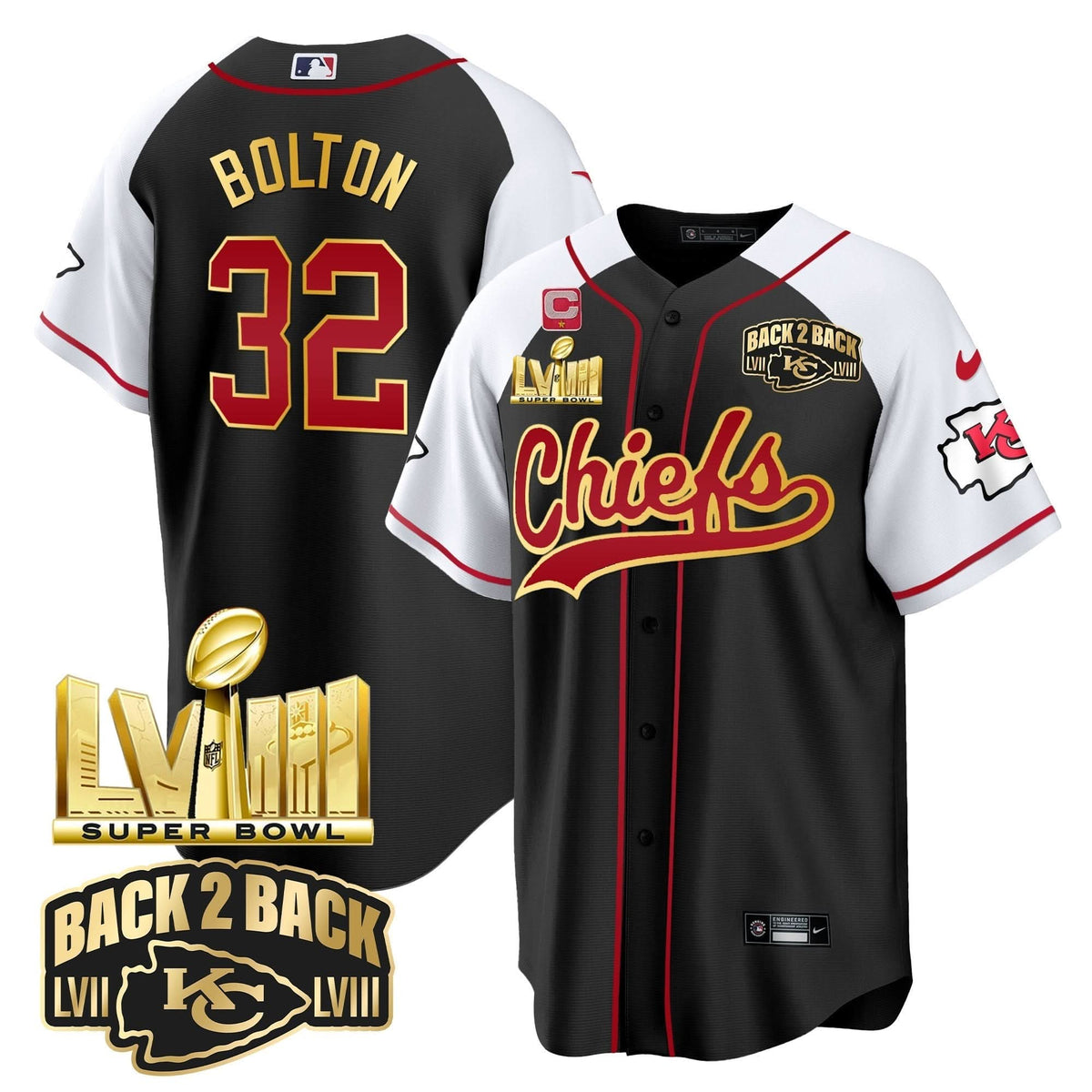 KC Super Bowl LVIII & Back 2 Back Gold Patch Baseball Jersey - All Stitched