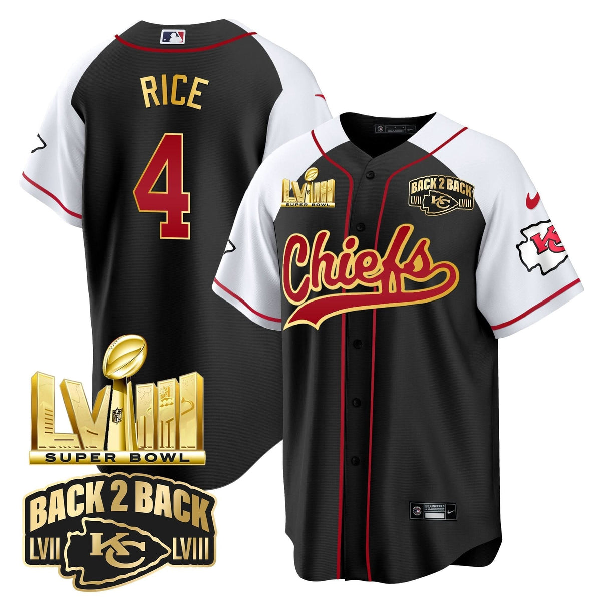 KC Super Bowl LVIII & Back 2 Back Gold Patch Baseball Jersey - All Stitched